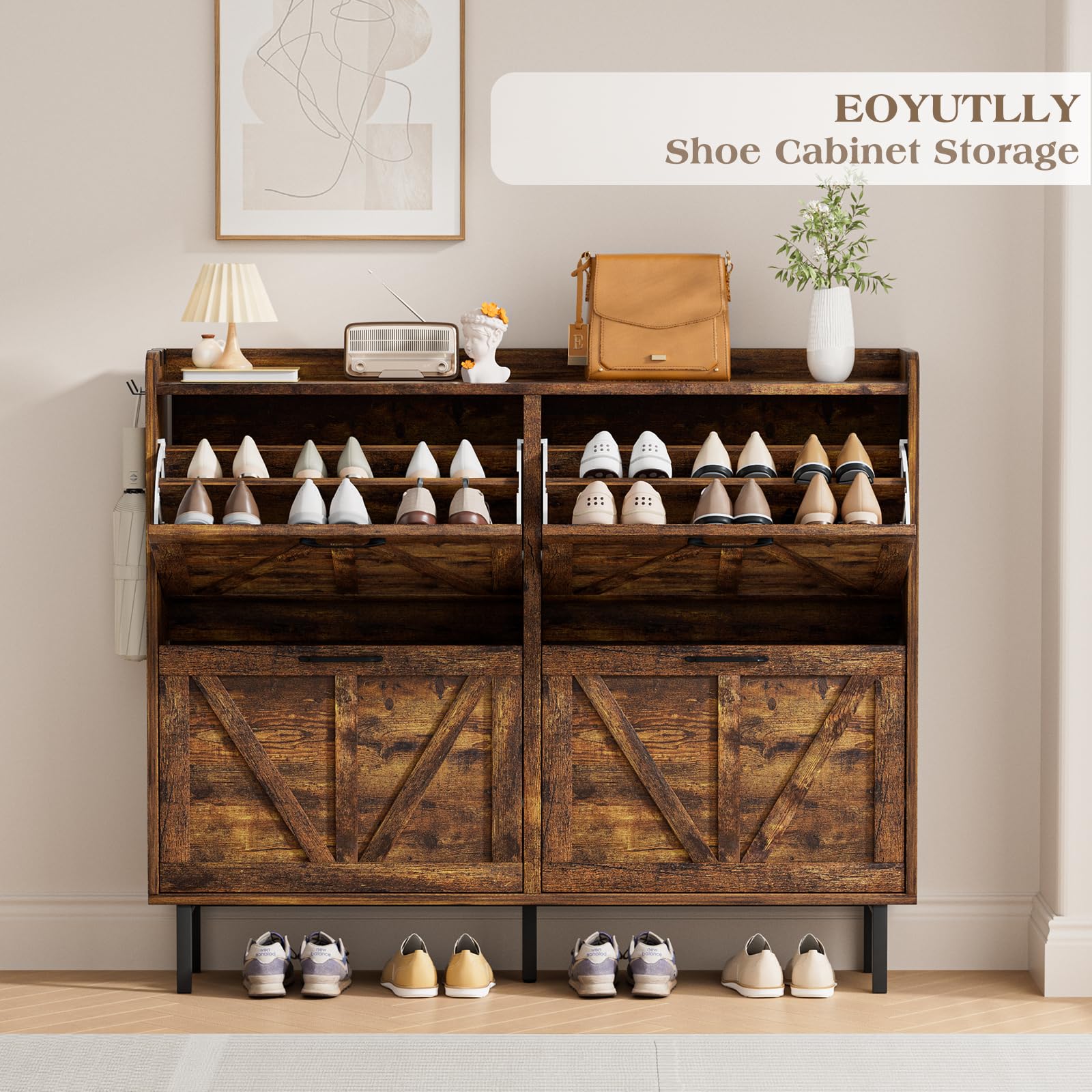 EOYUTLLY Shoe Cabinet Storage for Entryway, Narrow Shoe Rack Cabinet with 3 Flip Drawers & Coat Rack, Hidden Shoe Storage Cabinet, 2-in-1 Hall Tree Slim Freestanding Shoe Rack Organizer, Rustic Brown