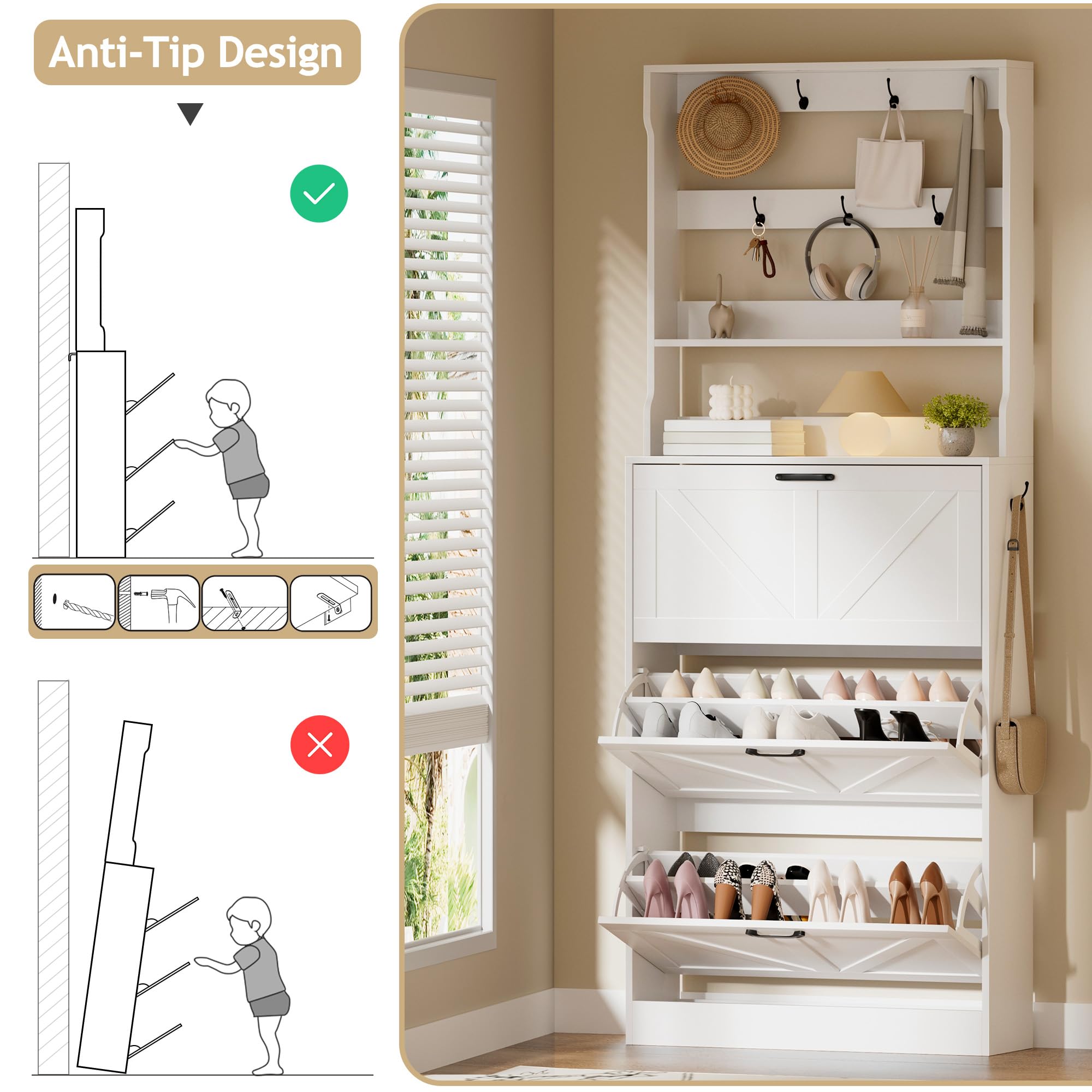 EOYUTLLY Shoe Cabinet for Entryway with 2 Flip Drawers,Narrow Wooden Shoe Storage Cabinet with Metal Legs,Hold 24 Pairs, 4-Tier Adjustable Shelves–Freestanding Hidden Shoe Organizer for Hallway, Foyer