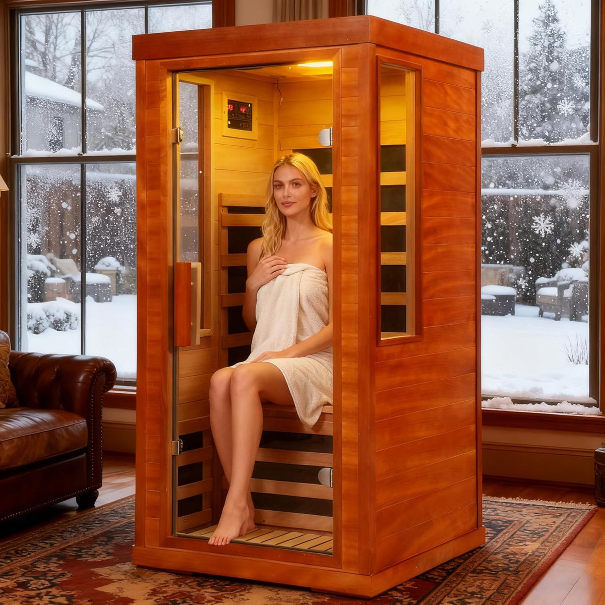 Far Infrared Sauna for Home One Person, 1170W Fast Heating Solid Wood Indoor Dry Sauna Room with LCD Display, Tempered Glass Door/Bluetooth Speakers/Vent and LED Lighting, Easy Assembly