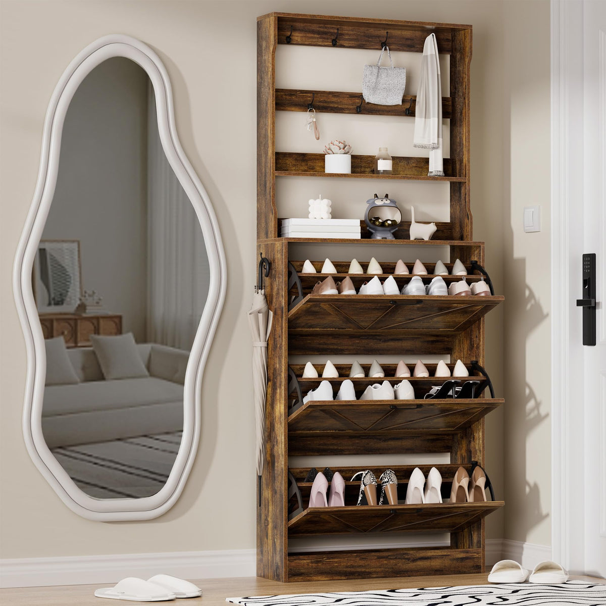 EOYUTLLY Shoe Cabinet Storage for Entryway, Narrow Shoe Rack Cabinet with 3 Flip Drawers & Coat Rack, Hidden Shoe Storage Cabinet, 2-in-1 Hall Tree Slim Freestanding Shoe Rack Organizer, Rustic Brown