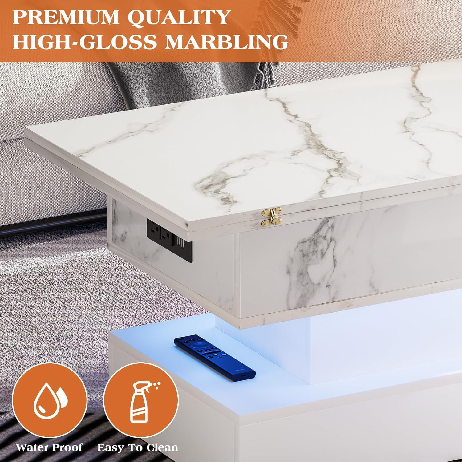 39.4" Lift Top Coffee Table with Charging Station, High-Glossy Marbling Print Center Table with Hidden Compartment Storage, LED Coffee Table for Living Room, White