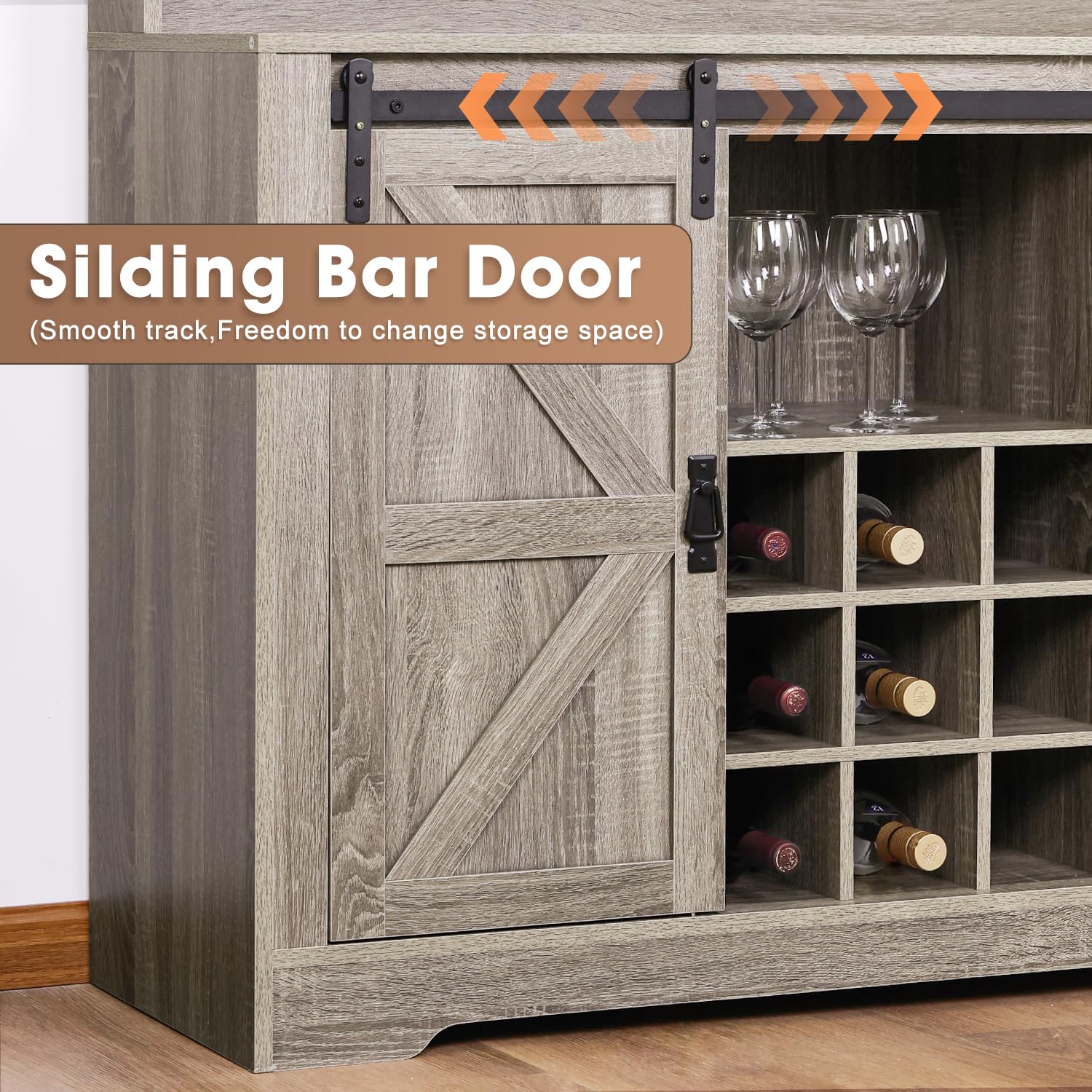 Coffee Bar Cabinet, Sliding Barn Door & Adjustable Shelves, 47" Farmhouse Coffee Bar Wine Bar Cabinet with Wine Rack & 6 Hooks, Bar Cabinet for Home Dining Living Room, Grey