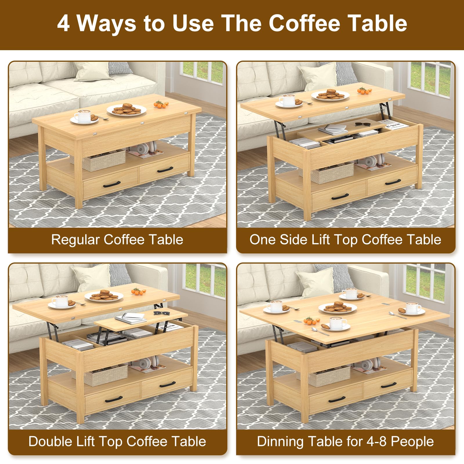 Lift Top Coffee Table, 3-in-1 Multifunctional Coffee Table with Drawers and Hidden Compartments, Coffee Table Converts to Dining Table, for Living Room, Dining Reception Room, Wood