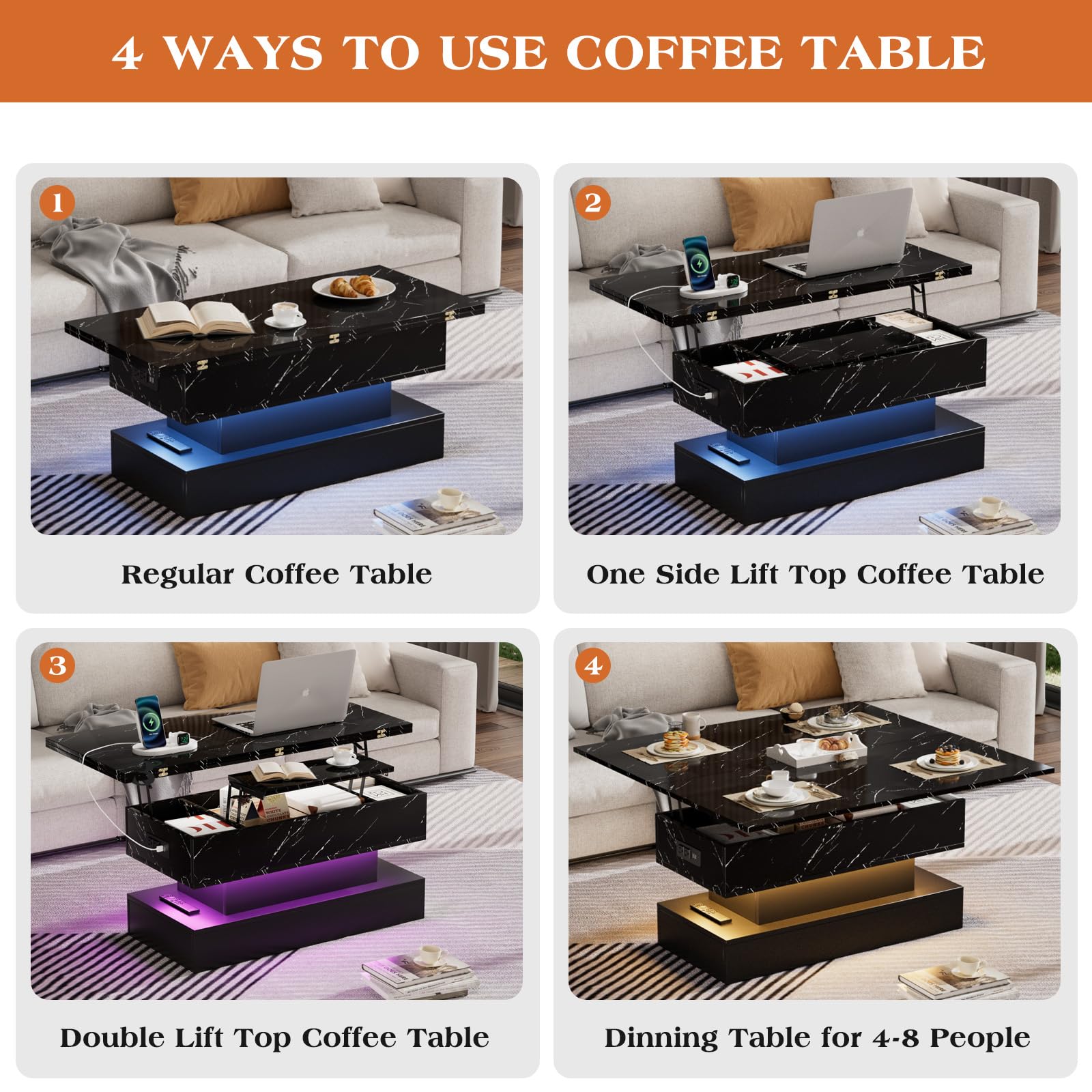 39.4" Lift Top Coffee Table with Charging Station, High-Glossy Marbling Print Center Table with Hidden Compartment Storage, LED Coffee Table for Living Room, White