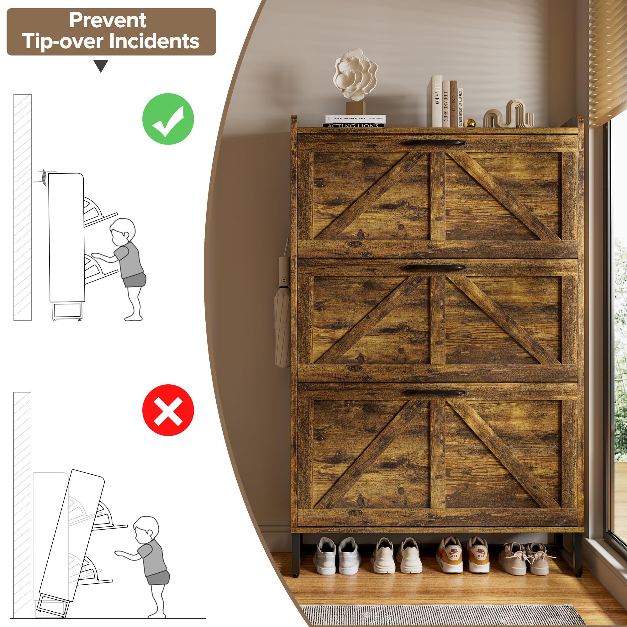 EOYUTLLY Shoe Cabinet for Entryway with 2 Flip Drawers,Narrow Wooden Shoe Storage Cabinet with Metal Legs,Hold 24 Pairs, 4-Tier Adjustable Shelves–Freestanding Hidden Shoe Organizer for Hallway, Foyer
