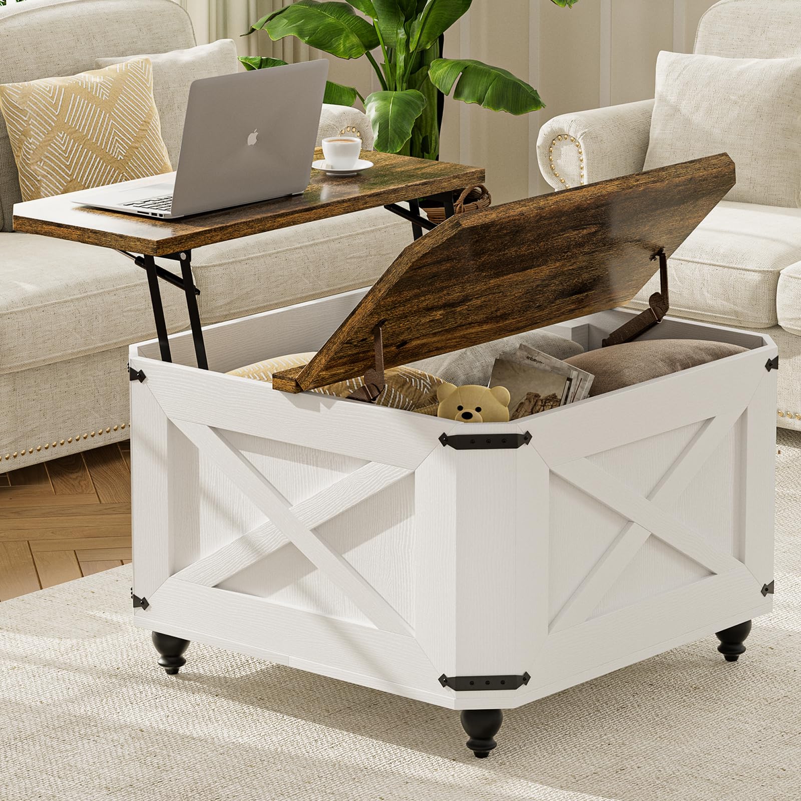 Farmhouse Lift Top Coffee Table with Hidden Storage, Wood Square Coffee Table for Living Room, Modern Center Table with Legs for Home Office, Bedroom, White