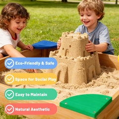 Kids Wooden Sandbox with Colorful Seats, Outdoor Sand Box for Backyard, Large Cedar Play Sandpit for Toddlers & Kids Ages 3-8
