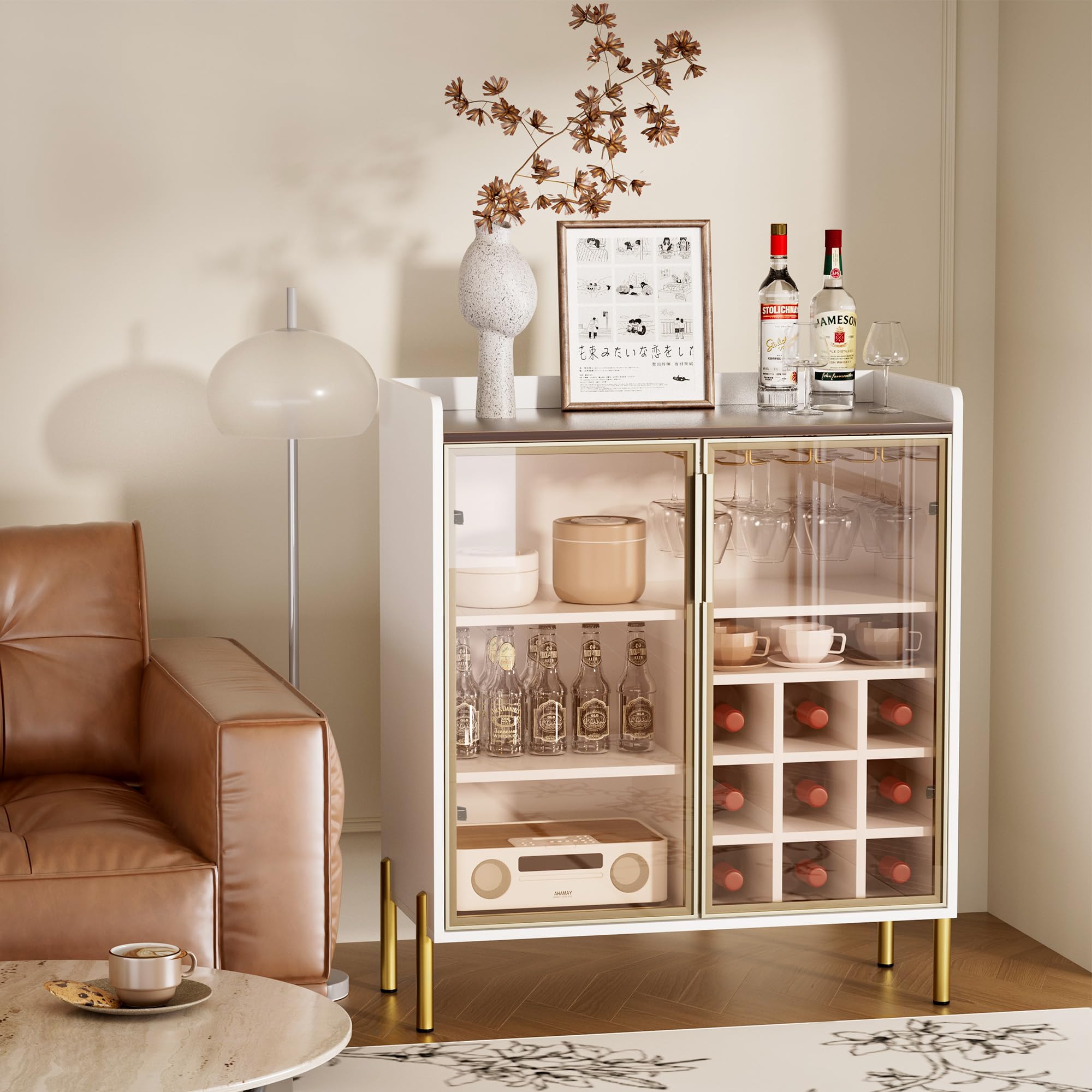 Coffee Bar Cabinet with Aluminum Frame Glass Door, Black Wine Bar & Liquor Cabinet, Modern Black Sideboard Buffet Cabinet with Storage for Kitchen, Dining Room & Living Room