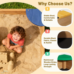 Kids Wooden Sandbox with Colorful Seats, Outdoor Sand Box for Backyard, Large Cedar Play Sandpit for Toddlers & Kids Ages 3-8