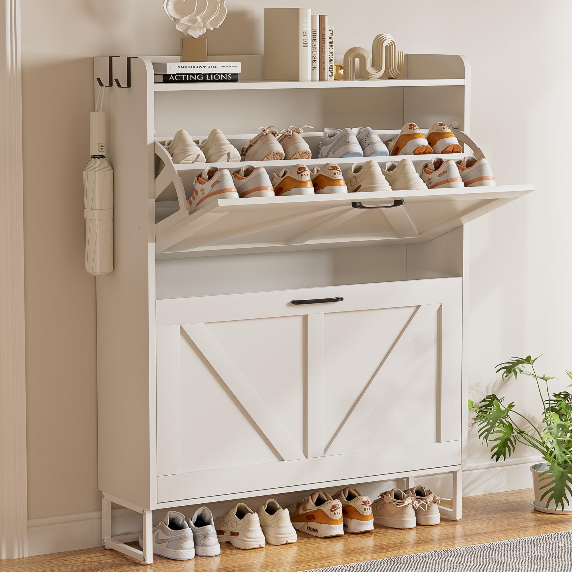 EOYUTLLY Shoe Cabinet for Entryway with 2 Flip Drawers,Narrow Wooden Shoe Storage Cabinet with Metal Legs,Hold 24 Pairs, 4-Tier Adjustable Shelves–Freestanding Hidden Shoe Organizer for Hallway, Foyer