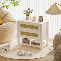 Set of 2 White Rattan Nightstands Side Tables Bedroom with 2 Drawers Tall Bedside Table Large Rattan Nightstand with Large Capacity & Storage Shelf Night Stand with Solid Wooden Leg