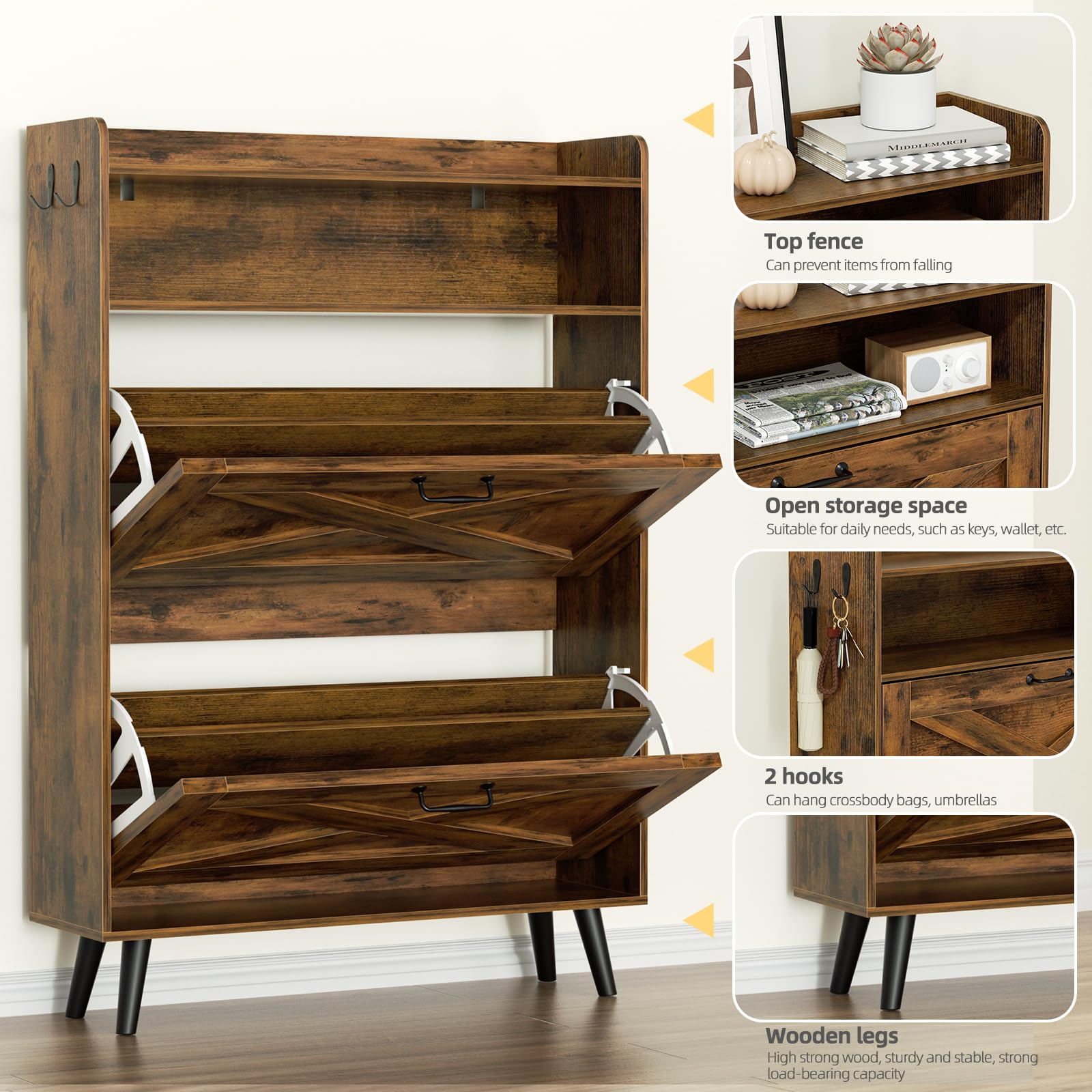 EOYUTLLY Shoe Cabinet Storage for Entryway, Narrow Shoe Rack Cabinet with 3 Flip Drawers & Coat Rack, Hidden Shoe Storage Cabinet, 2-in-1 Hall Tree Slim Freestanding Shoe Rack Organizer, Rustic Brown