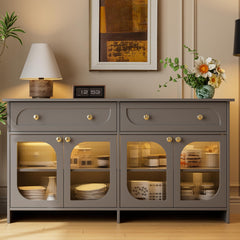 Buffet Cabinet with Storage and LED Light, 55” Sideboard Buffet Cabinet with 4 Glass Doors & 2 Drawers & Adjustable, Modern Credenza Coffee Bar Cabinets Buffets Table for Kitchen, Dining Room, Grey