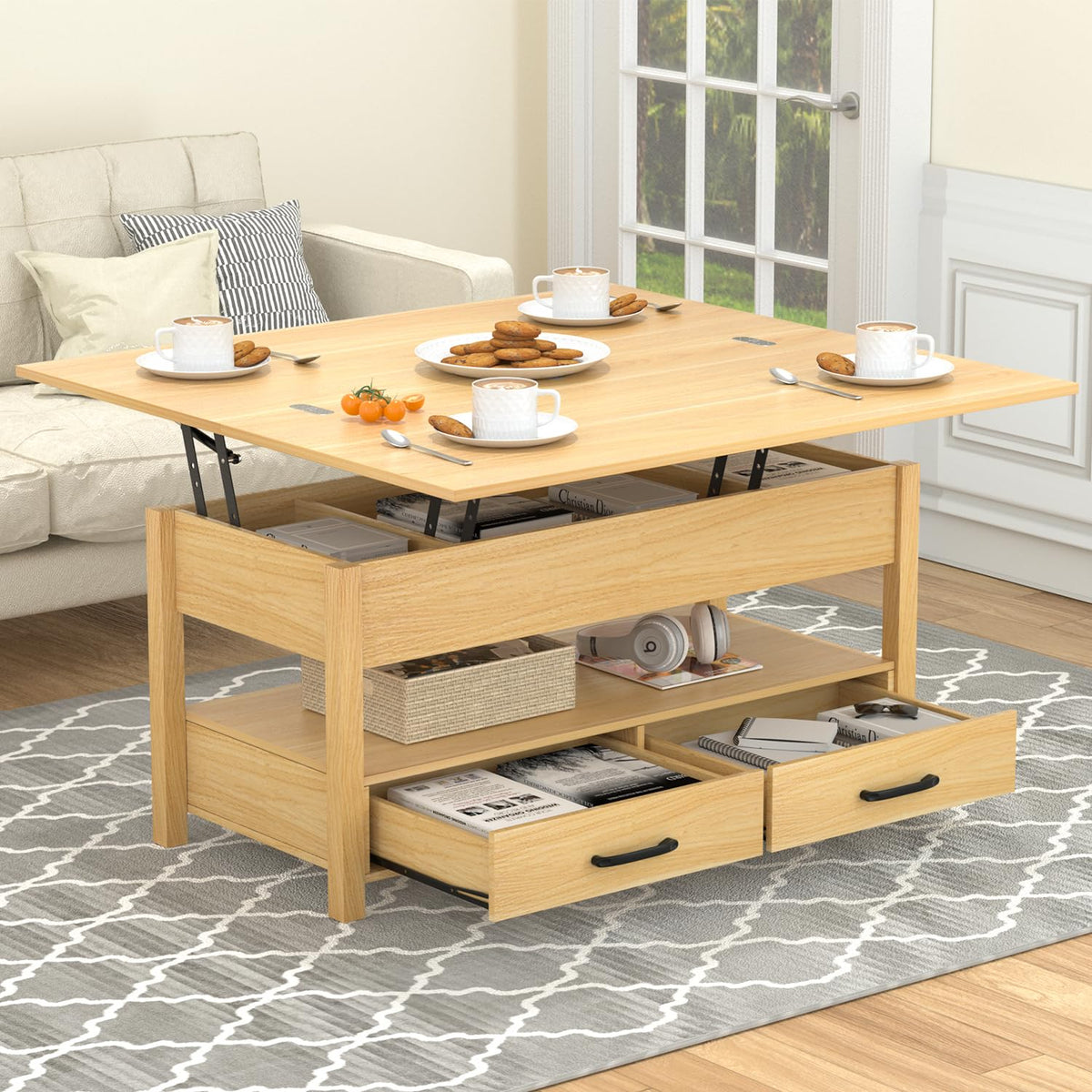 Lift Top Coffee Table, 3-in-1 Multifunctional Coffee Table with Drawers and Hidden Compartments, Coffee Table Converts to Dining Table, for Living Room, Dining Reception Room, Wood