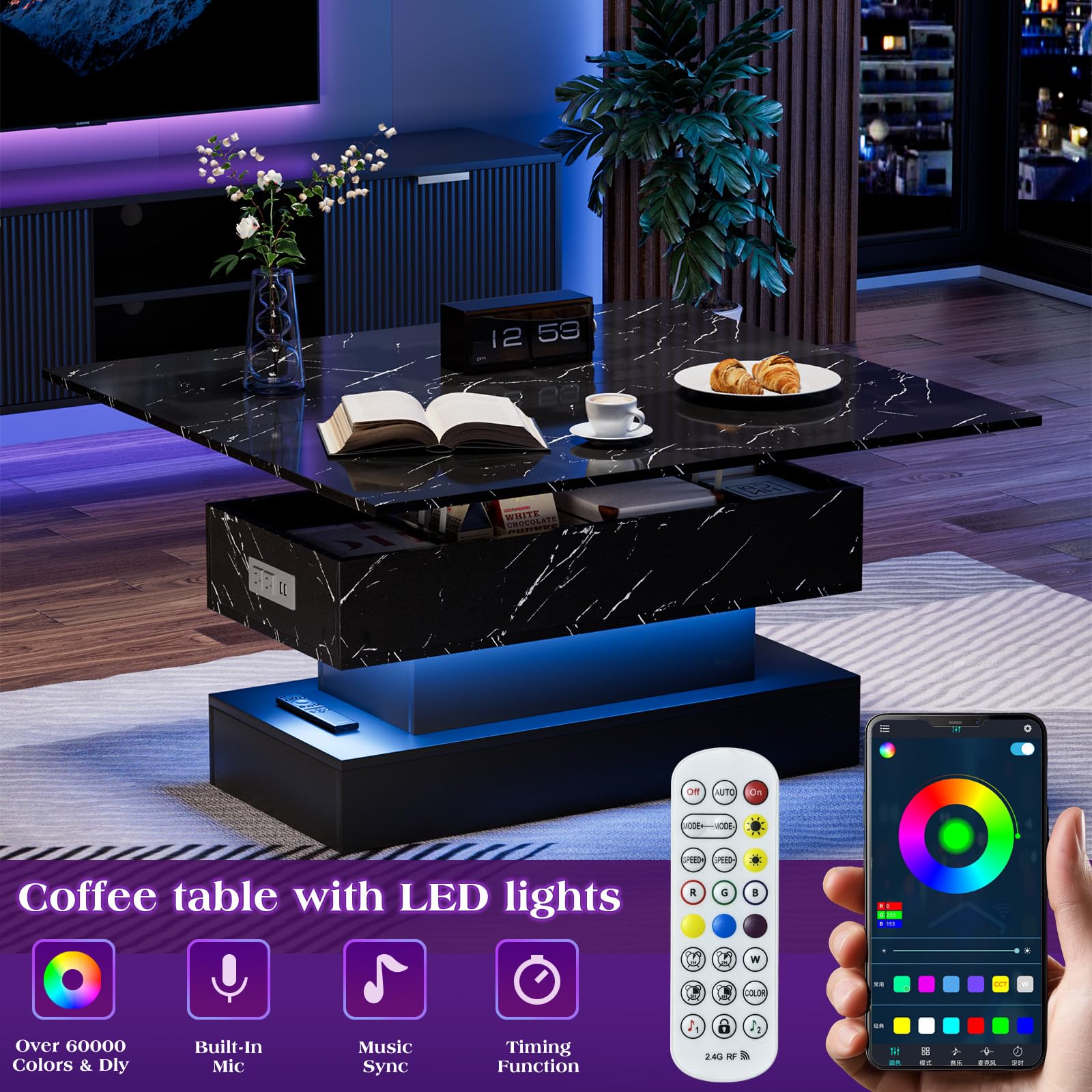 39.4" Lift Top Coffee Table with Charging Station, High-Glossy Marbling Print Center Table with Hidden Compartment Storage, LED Coffee Table for Living Room, White