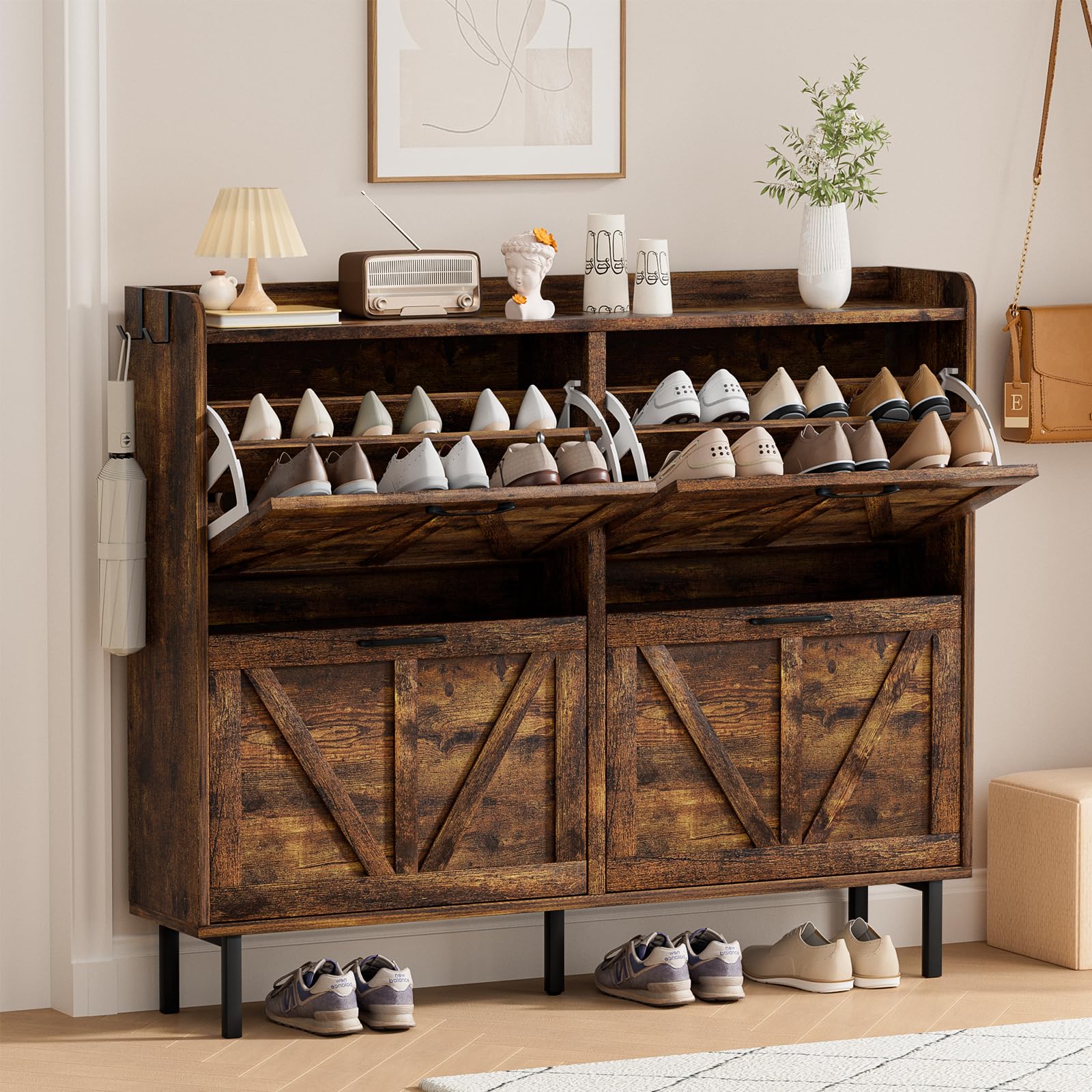 EOYUTLLY Shoe Cabinet Storage for Entryway, Narrow Shoe Rack Cabinet with 3 Flip Drawers & Coat Rack, Hidden Shoe Storage Cabinet, 2-in-1 Hall Tree Slim Freestanding Shoe Rack Organizer, Rustic Brown