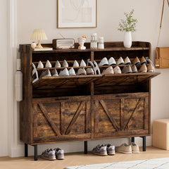 EOYUTLLY Shoe Cabinet Storage for Entryway, Narrow Shoe Rack Cabinet with 3 Flip Drawers & Coat Rack, Hidden Shoe Storage Cabinet, 2-in-1 Hall Tree Slim Freestanding Shoe Rack Organizer, Rustic Brown