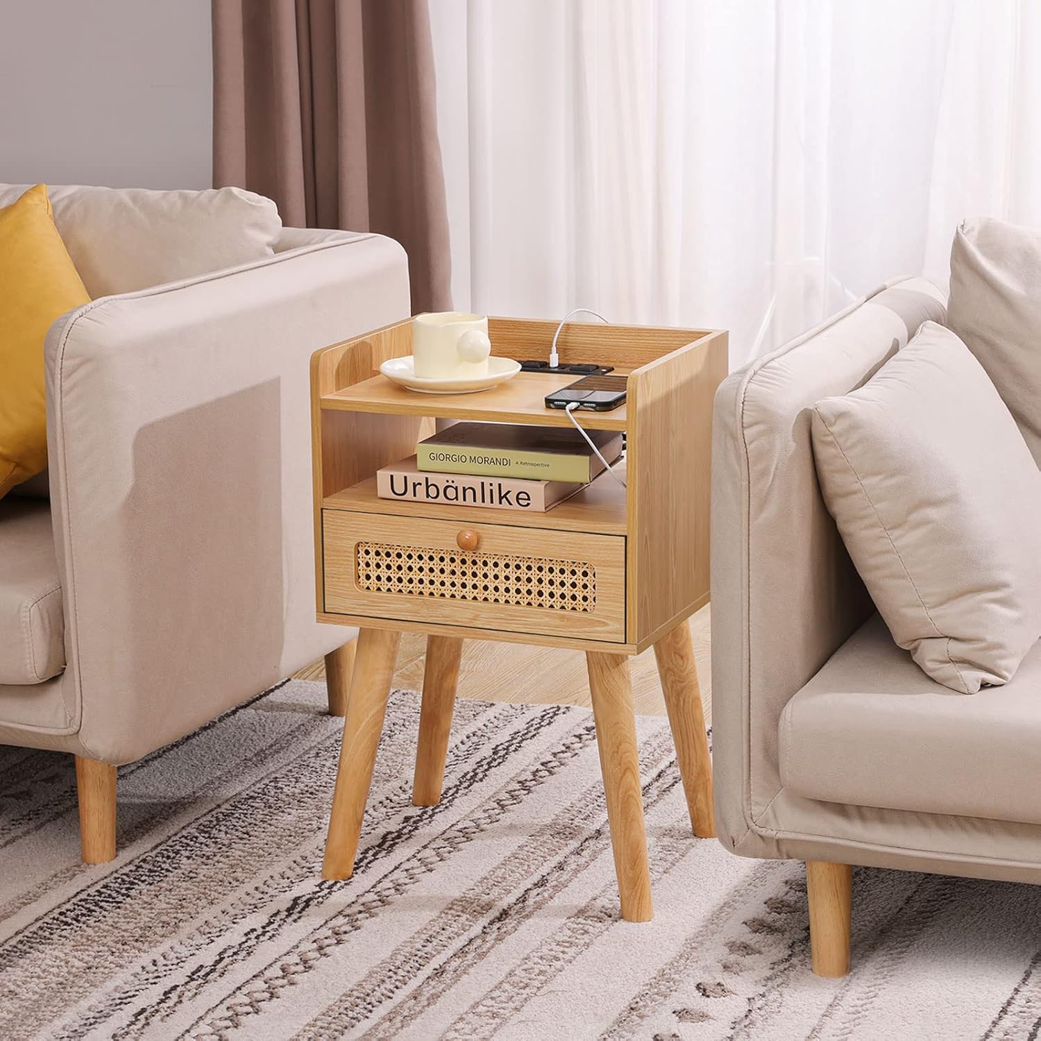 Urban Deco Nightstand with Charging Station,Wooden Bedside Table with Drawer,Modern End Table for Bedroom and Living Room.