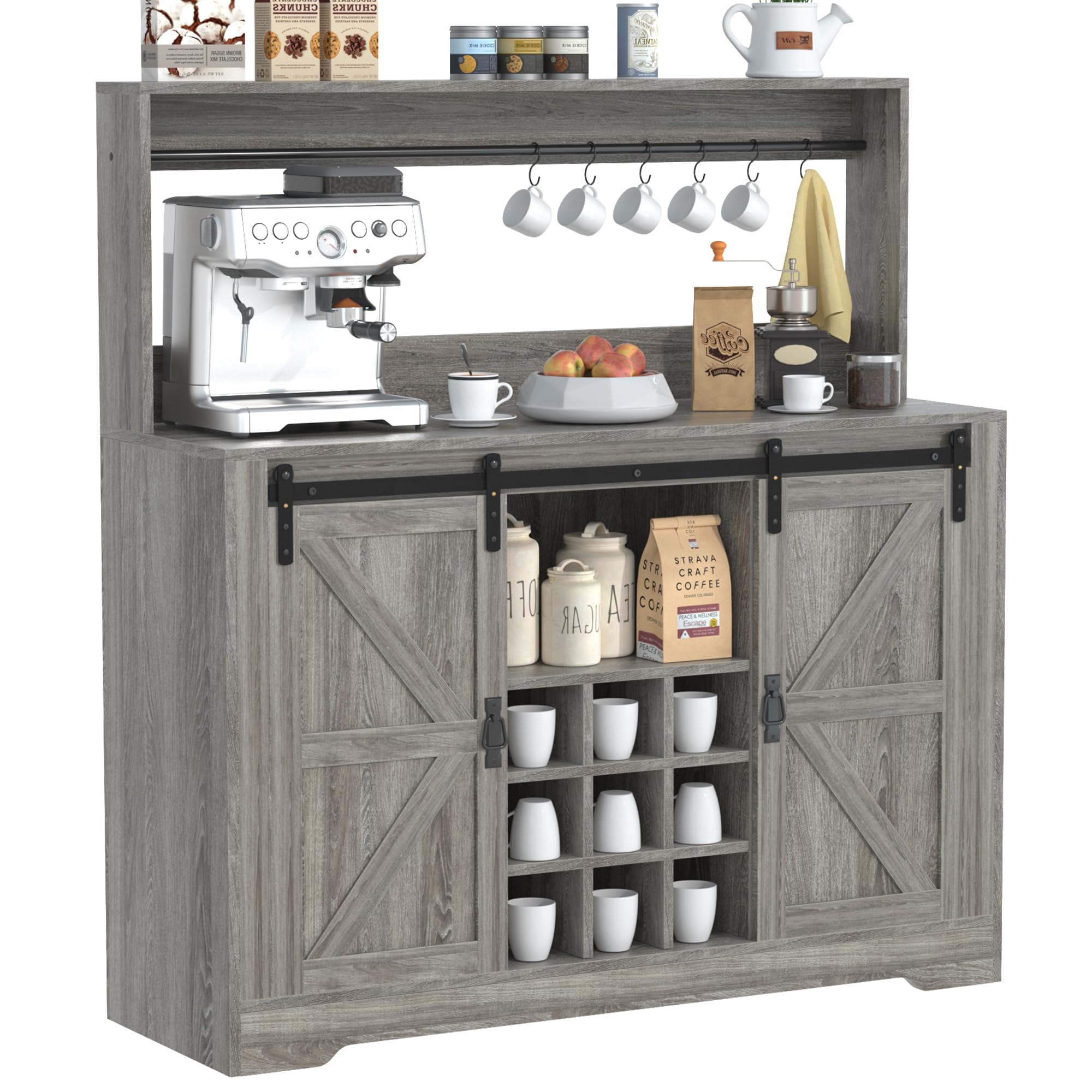 Coffee Bar Cabinet, Sliding Barn Door & Adjustable Shelves, 47" Farmhouse Coffee Bar Wine Bar Cabinet with Wine Rack & 6 Hooks, Bar Cabinet for Home Dining Living Room, Grey