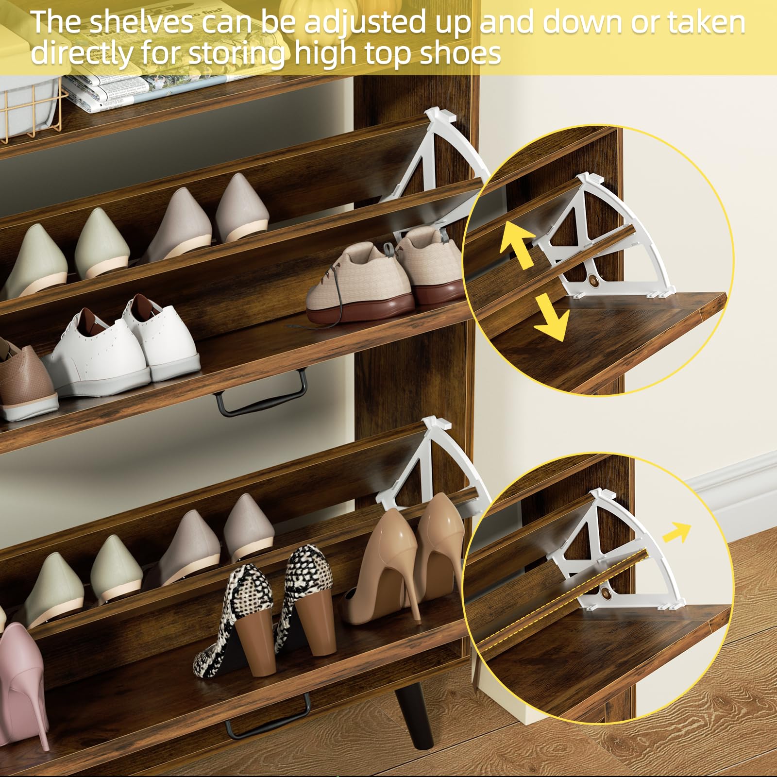 EOYUTLLY Shoe Cabinet Storage for Entryway, Narrow Shoe Rack Cabinet with 3 Flip Drawers & Coat Rack, Hidden Shoe Storage Cabinet, 2-in-1 Hall Tree Slim Freestanding Shoe Rack Organizer, Rustic Brown