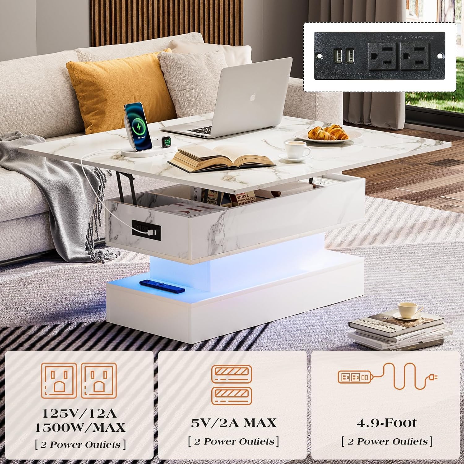 39.4" Lift Top Coffee Table with Charging Station, High-Glossy Marbling Print Center Table with Hidden Compartment Storage, LED Coffee Table for Living Room, White
