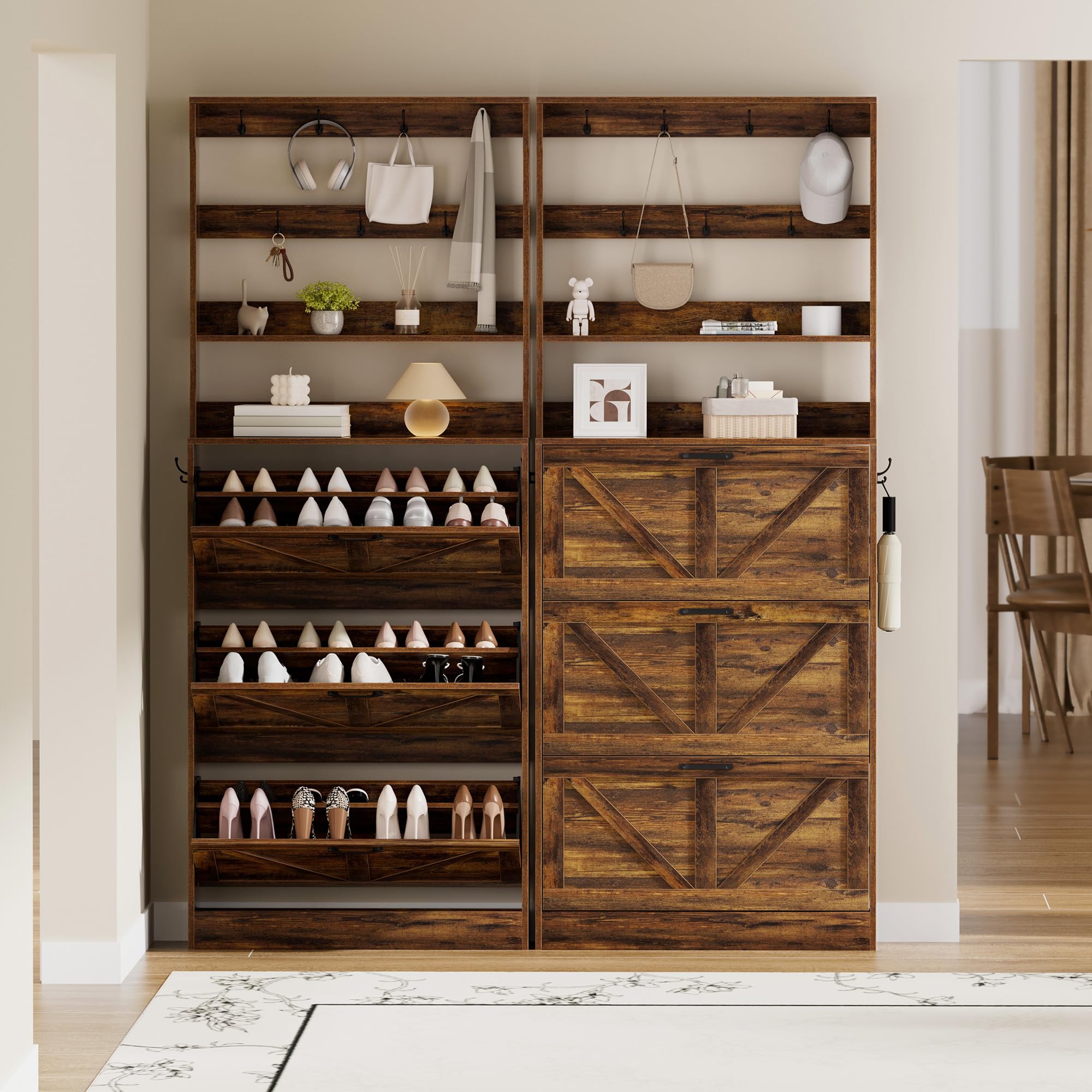 EOYUTLLY Shoe Cabinet Storage for Entryway, Narrow Shoe Rack Cabinet with 3 Flip Drawers & Coat Rack, Hidden Shoe Storage Cabinet, 2-in-1 Hall Tree Slim Freestanding Shoe Rack Organizer, Rustic Brown