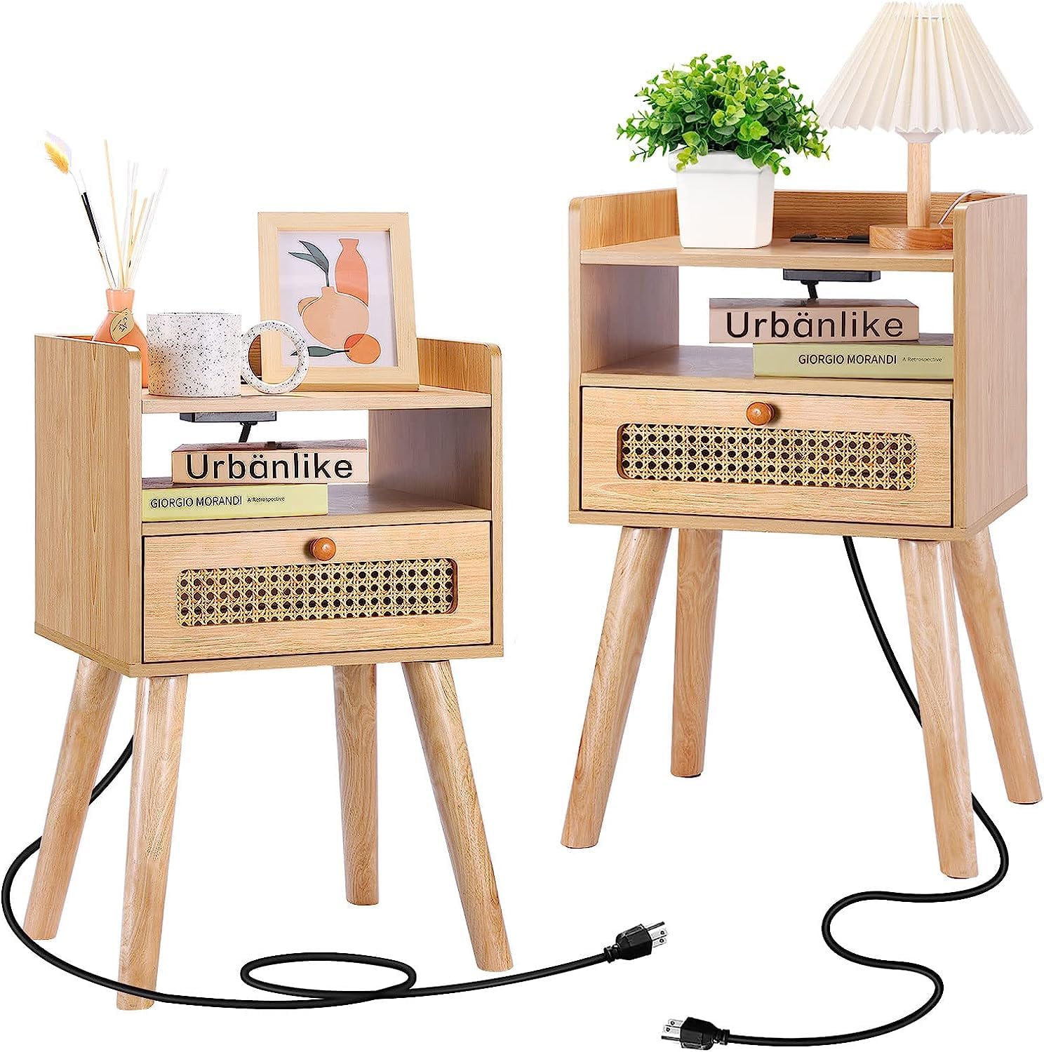 Urban Deco Nightstands Set of 2 with Charging Station Wooden Bedside Tables with Fabric Drawer,Modern End Table for Bedroom and Living Room 15.4 * 11.8 * 24.4 in