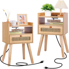 Urban Deco Nightstands Set of 2 with Charging Station Wooden Bedside Tables with Fabric Drawer,Modern End Table for Bedroom and Living Room 15.4 * 11.8 * 24.4 in