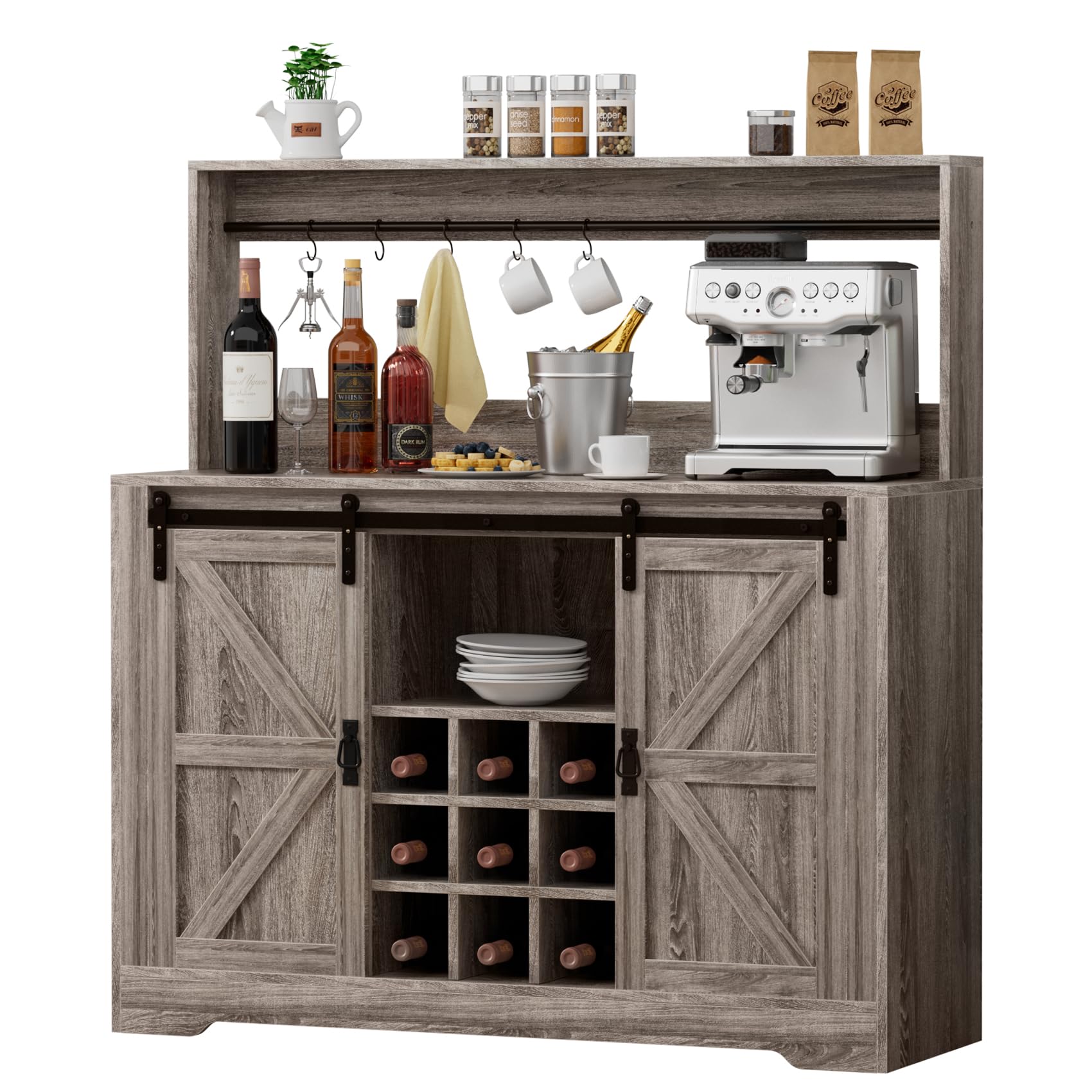 Coffee Bar Cabinet, Sliding Barn Door & Adjustable Shelves, 47" Farmhouse Coffee Bar Wine Bar Cabinet with Wine Rack & 6 Hooks, Bar Cabinet for Home Dining Living Room, Grey