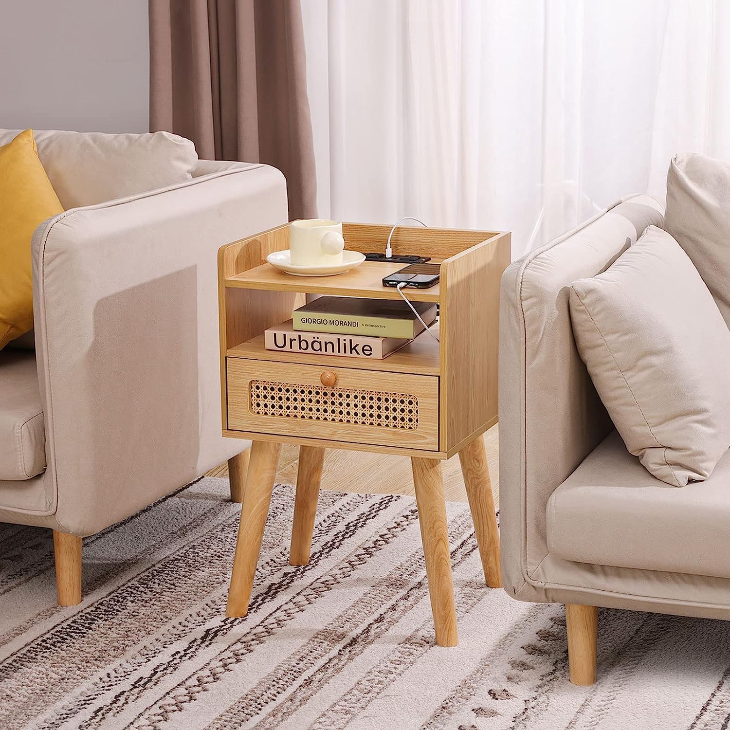 Urban Deco Nightstands Set of 2 with Charging Station Wooden Bedside Tables with Fabric Drawer,Modern End Table for Bedroom and Living Room 15.4 * 11.8 * 24.4 in