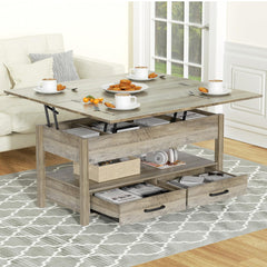 42'' Lift Top Coffee Table, 4-in-1 Multifunctional Lift Coffee Table with Storage & Hidden Compartments, Farmhouse Coffe Table with Lifting top for Living Room, Dining Reception Room, White