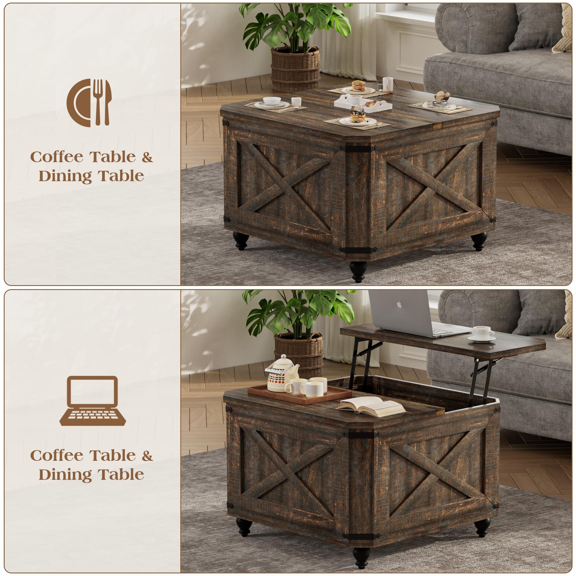Farmhouse Lift Top Coffee Table with Hidden Storage, Wood Square Coffee Table for Living Room, Modern Center Table with Legs for Home Office, Bedroom, White
