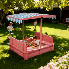 Sandbox with Lid & Cover, Wooden Kids Outdoor Sand Box with Height-Adjustable UV-Resistant Canopy, 2 Foldable Bench Seats & Bottom Liner, 43x43 Inch, Perfect for Backyard, Beach, Garden Play