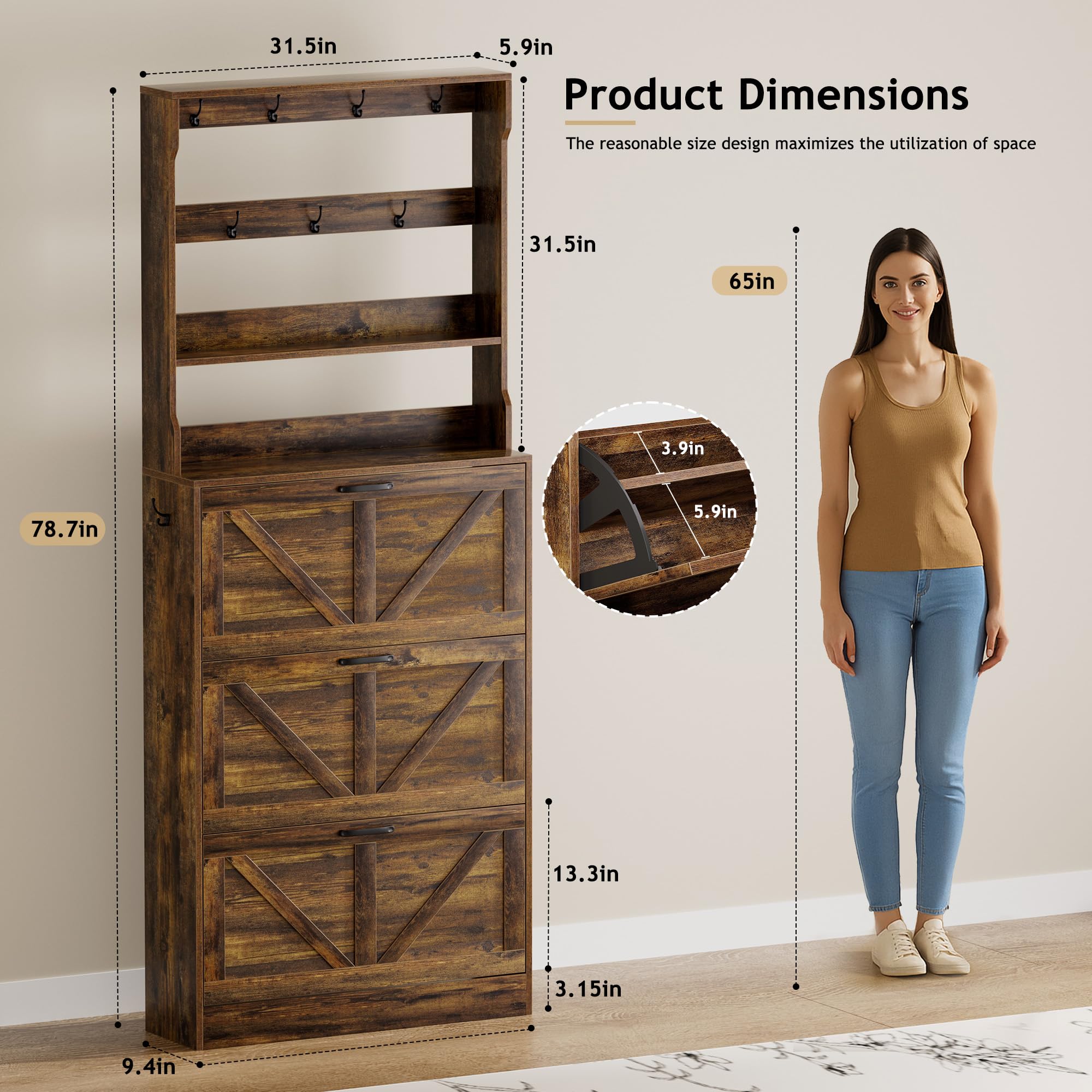 EOYUTLLY Shoe Cabinet Storage for Entryway, Narrow Shoe Rack Cabinet with 3 Flip Drawers & Coat Rack, Hidden Shoe Storage Cabinet, 2-in-1 Hall Tree Slim Freestanding Shoe Rack Organizer, Rustic Brown