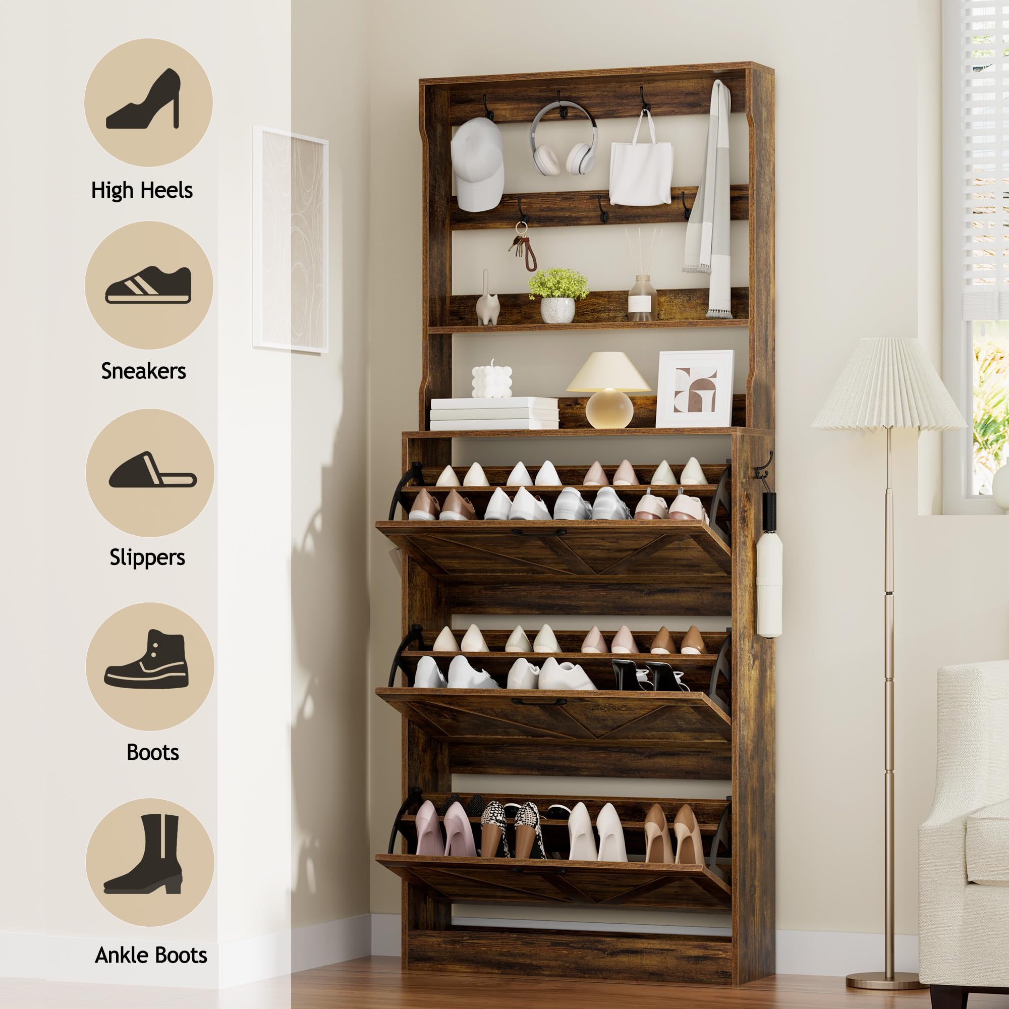 EOYUTLLY Shoe Cabinet Storage for Entryway, Narrow Shoe Rack Cabinet with 3 Flip Drawers & Coat Rack, Hidden Shoe Storage Cabinet, 2-in-1 Hall Tree Slim Freestanding Shoe Rack Organizer, Rustic Brown