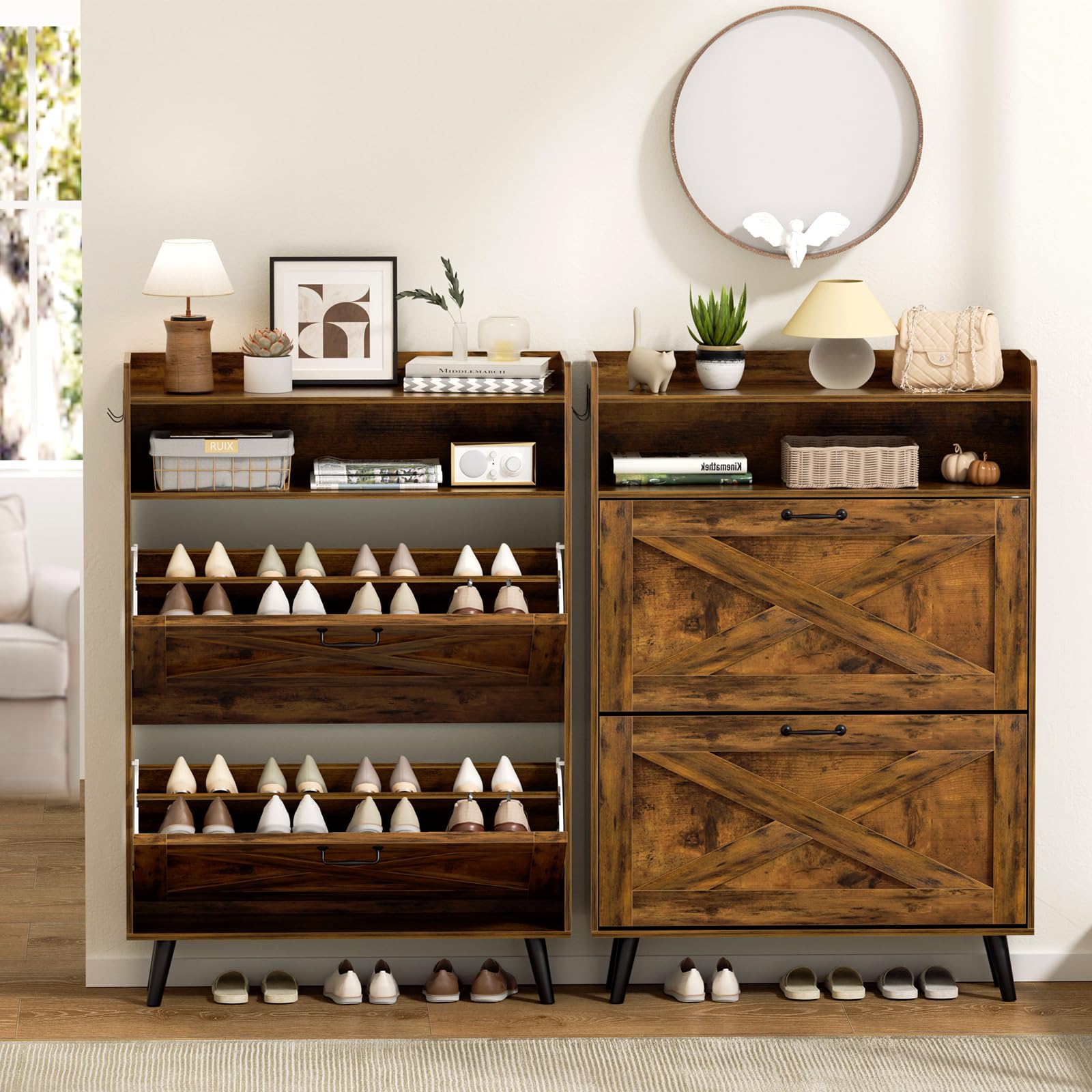 EOYUTLLY Shoe Cabinet Storage for Entryway, Narrow Shoe Rack Cabinet with 3 Flip Drawers & Coat Rack, Hidden Shoe Storage Cabinet, 2-in-1 Hall Tree Slim Freestanding Shoe Rack Organizer, Rustic Brown