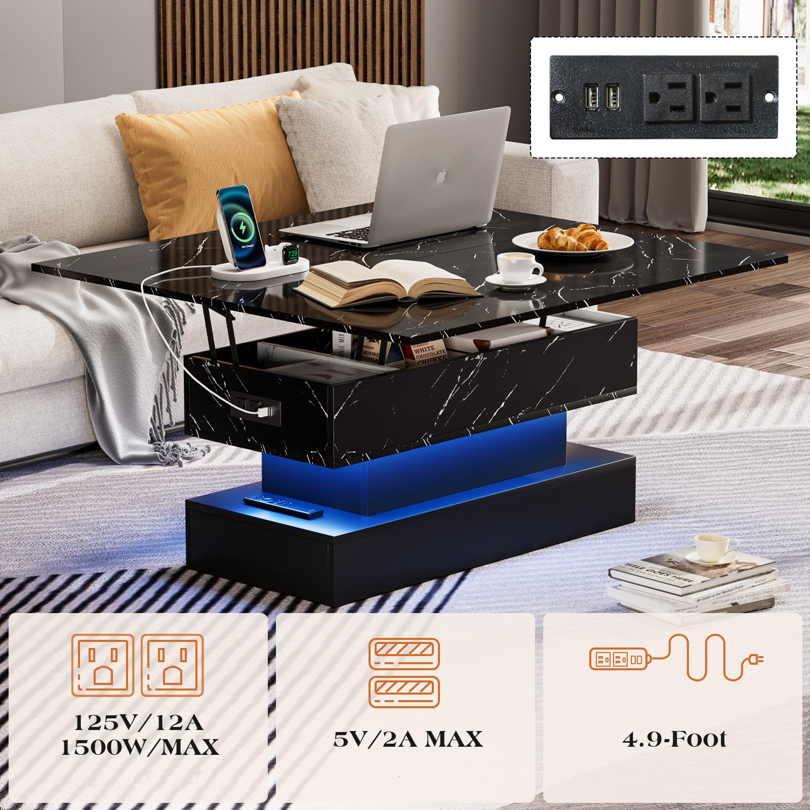 39.4" Lift Top Coffee Table with Charging Station, High-Glossy Marbling Print Center Table with Hidden Compartment Storage, LED Coffee Table for Living Room, White