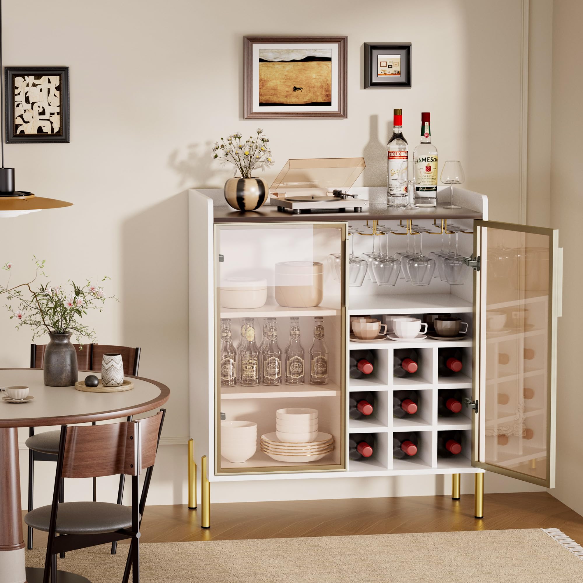 Coffee Bar Cabinet with Aluminum Frame Glass Door, Black Wine Bar & Liquor Cabinet, Modern Black Sideboard Buffet Cabinet with Storage for Kitchen, Dining Room & Living Room