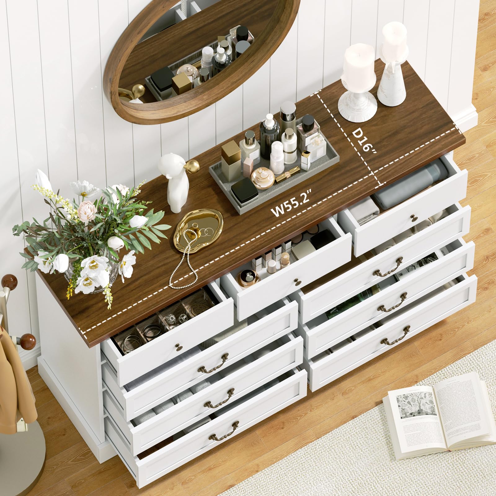 9 Drawer White Dresser for Bedroom - 55" Dressers Chests of Drawers - Large Dresser for Clothes Closet - Farmhouse Storage Dresser for Living Room, Entryway, Hallway