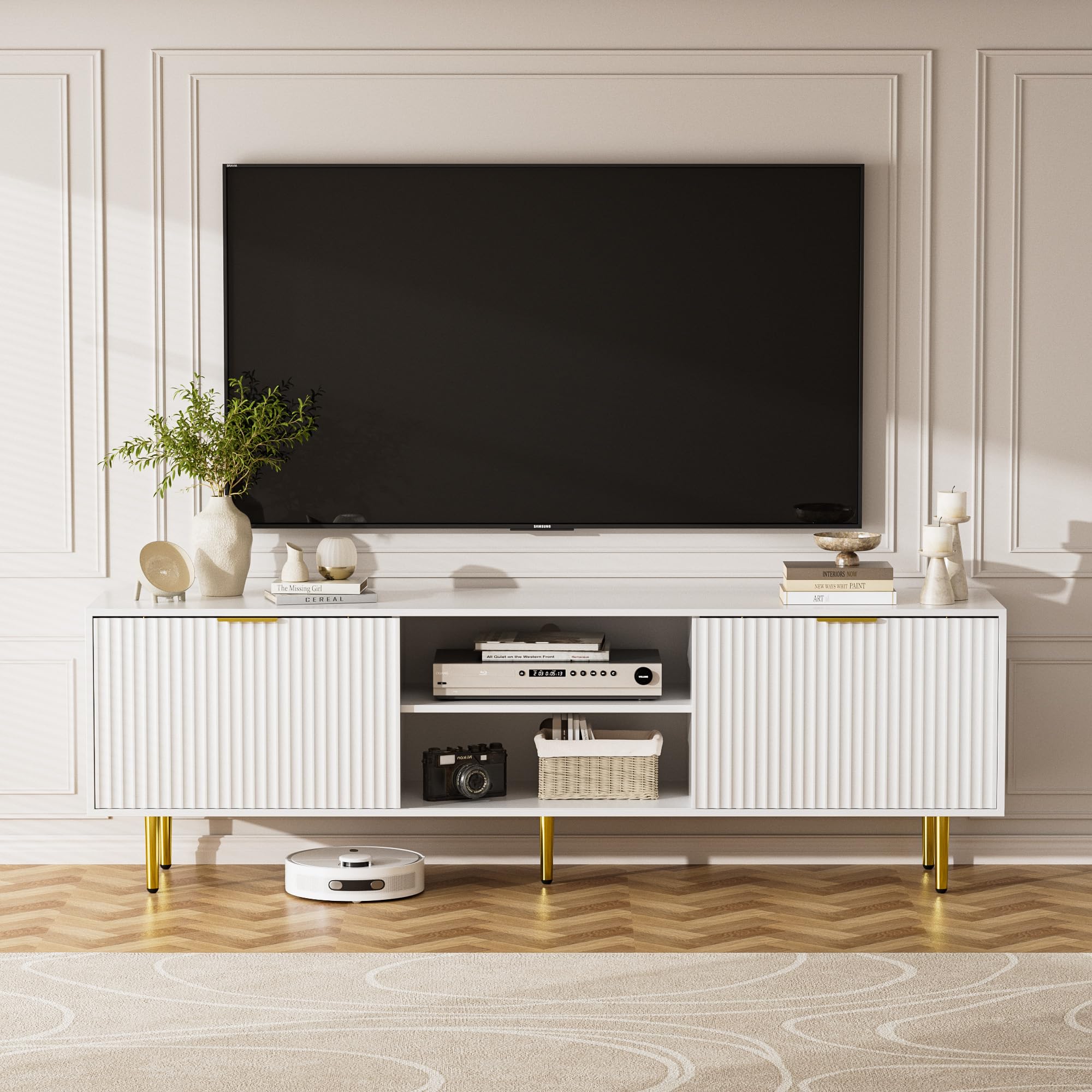 55”Floating Entertainment Center with LED Lights for 60/65/70 Inch TV, Floating TV Shelf with 5 Timers & 3 Colors & 6 Brightness Levels, Marble Wall-Mounted TV Stand for Living Room,Bedroom, White