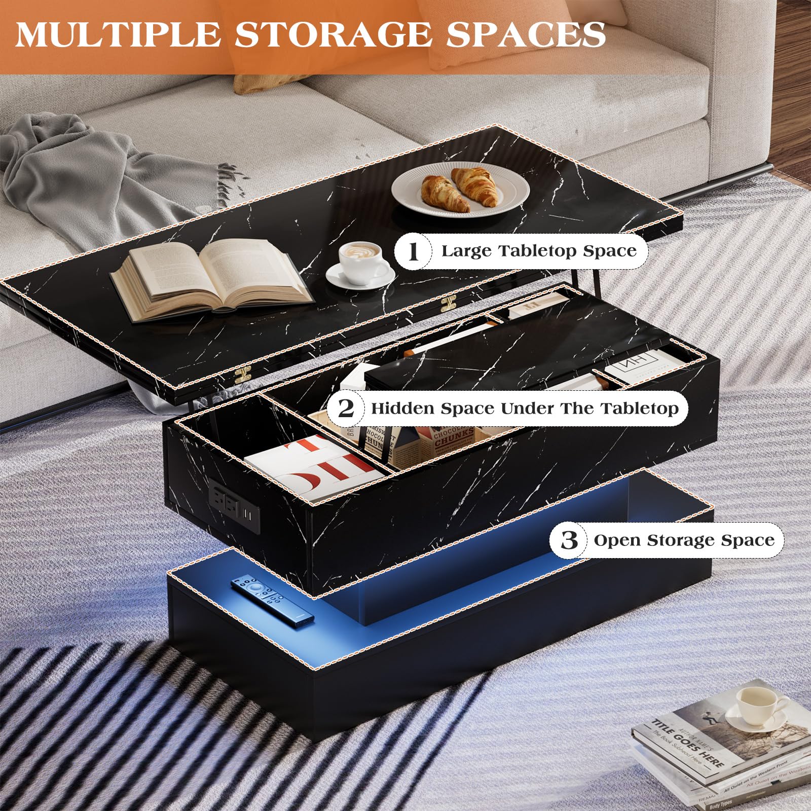 39.4" Lift Top Coffee Table with Charging Station, High-Glossy Marbling Print Center Table with Hidden Compartment Storage, LED Coffee Table for Living Room, White