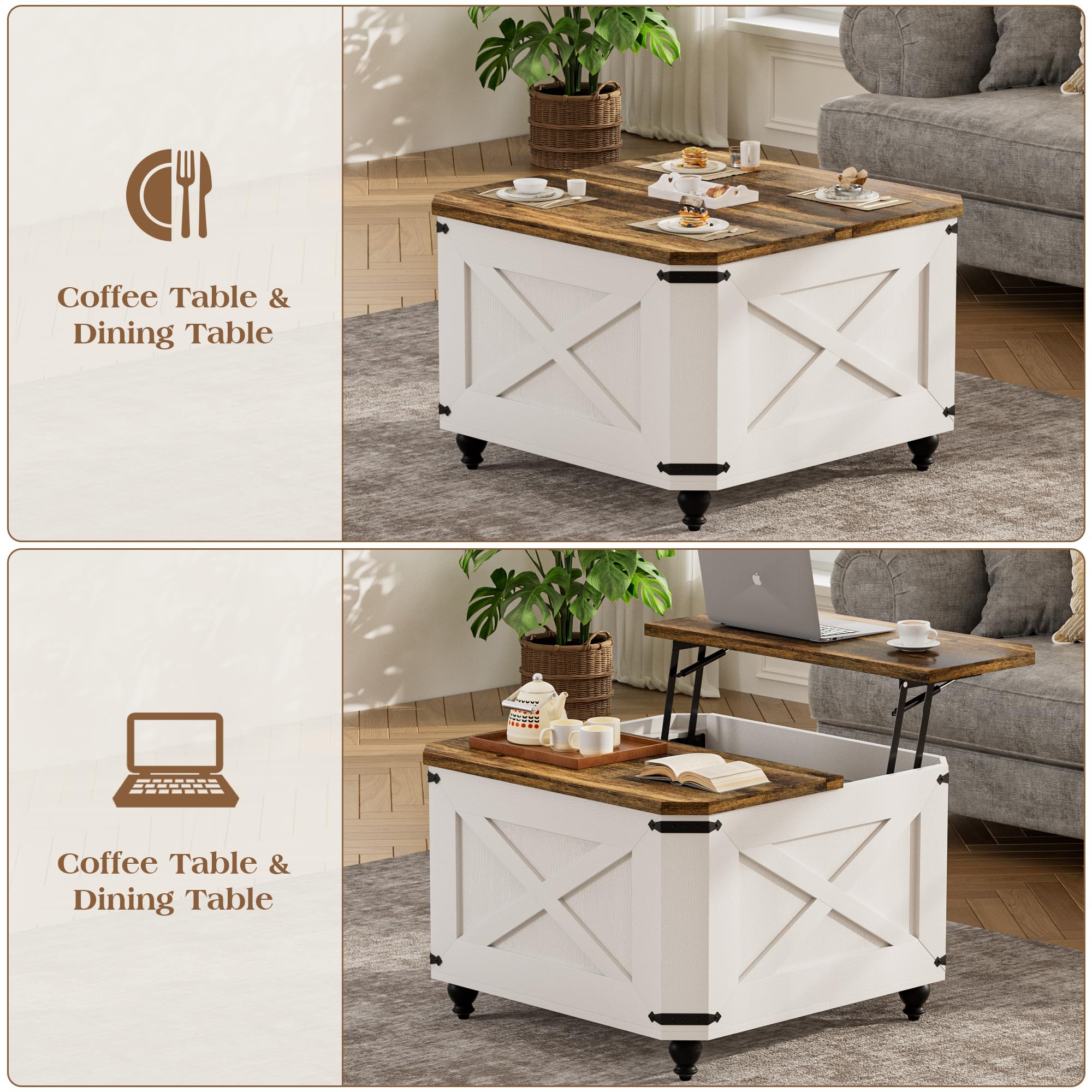 Farmhouse Lift Top Coffee Table with Hidden Storage, Wood Square Coffee Table for Living Room, Modern Center Table with Legs for Home Office, Bedroom, White