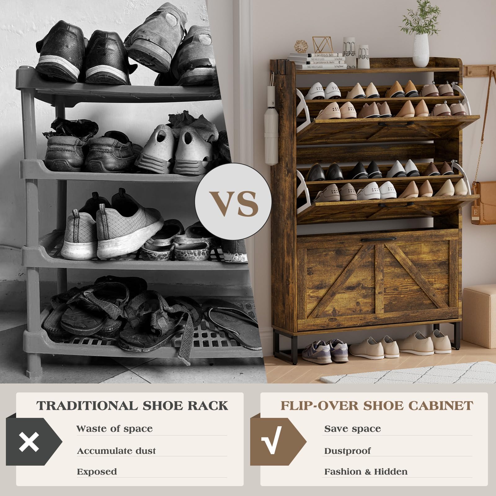 EOYUTLLY Shoe Cabinet Storage for Entryway, Narrow Shoe Rack Cabinet with 3 Flip Drawers & Coat Rack, Hidden Shoe Storage Cabinet, 2-in-1 Hall Tree Slim Freestanding Shoe Rack Organizer, Rustic Brown