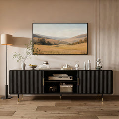 TV Stand for 65 Inch TV, Fluted TV Stand with Curved Profile, Modern Entertainment Center TV Console Table with Sliding Doors & Adjustable Shelves, TV Stands for Living Room Bedroom, Black