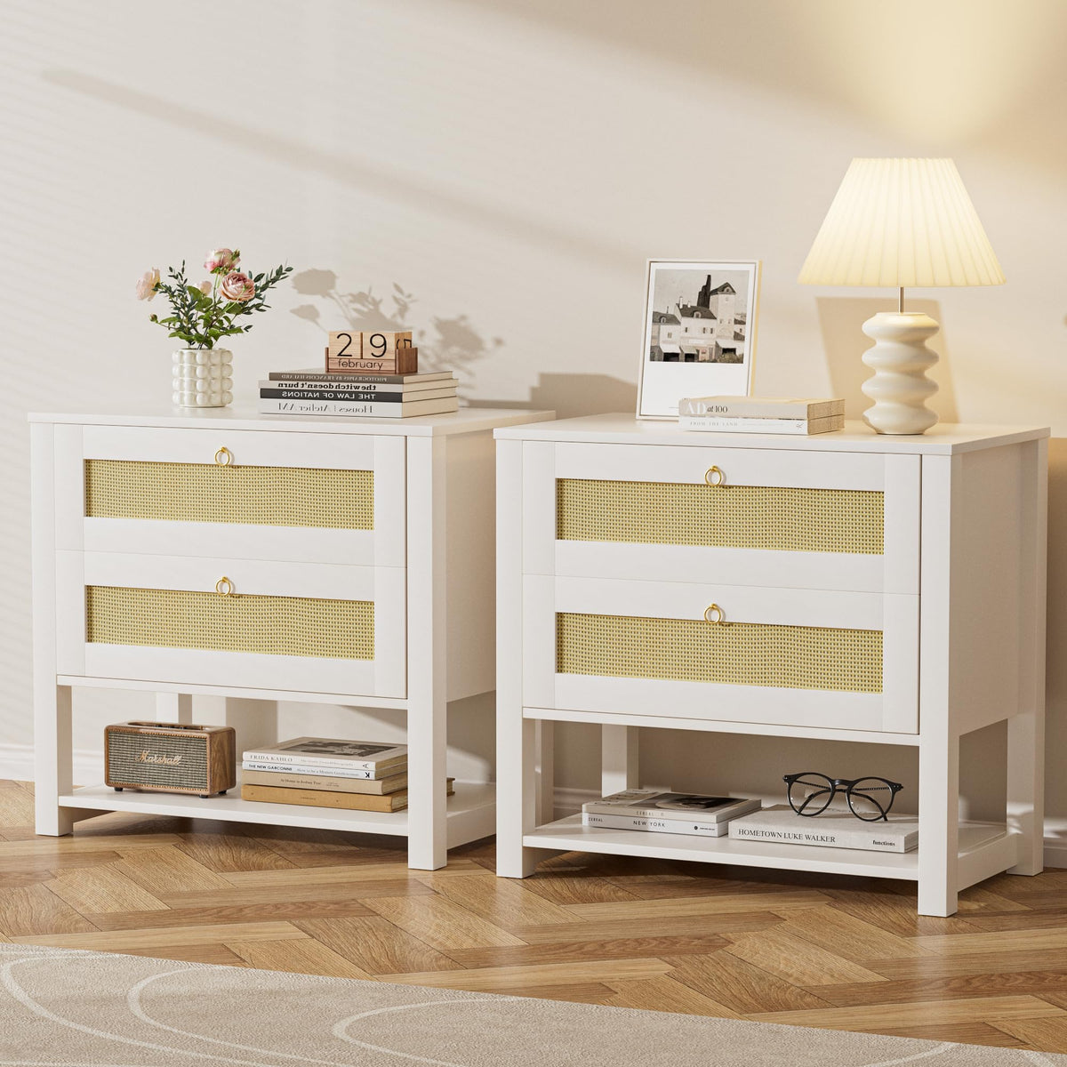 Set of 2 White Rattan Nightstands Side Tables Bedroom with 2 Drawers Tall Bedside Table Large Rattan Nightstand with Large Capacity & Storage Shelf Night Stand with Solid Wooden Leg