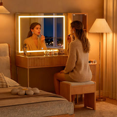 EOYUTLLY 48" Fluted Makeup Vanity Desk with 36" Mirror and Light,Modern Glass Top Vanity Table with Charging Station,5 Drawers, 3 Adjustable Shelves & 3 Color Lighting Mode, Bedroom Dressing Table,Oak