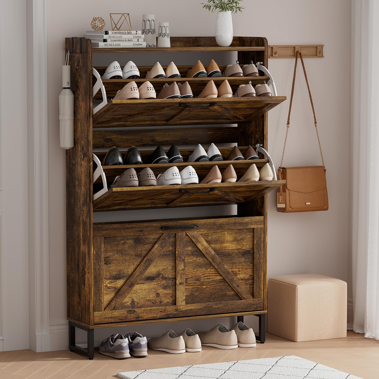 EOYUTLLY Shoe Cabinet Storage for Entryway, Narrow Shoe Rack Cabinet with 3 Flip Drawers & Coat Rack, Hidden Shoe Storage Cabinet, 2-in-1 Hall Tree Slim Freestanding Shoe Rack Organizer, Rustic Brown