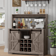 Coffee Bar Cabinet, Sliding Barn Door & Adjustable Shelves, 47" Farmhouse Coffee Bar Wine Bar Cabinet with Wine Rack & 6 Hooks, Bar Cabinet for Home Dining Living Room, Grey