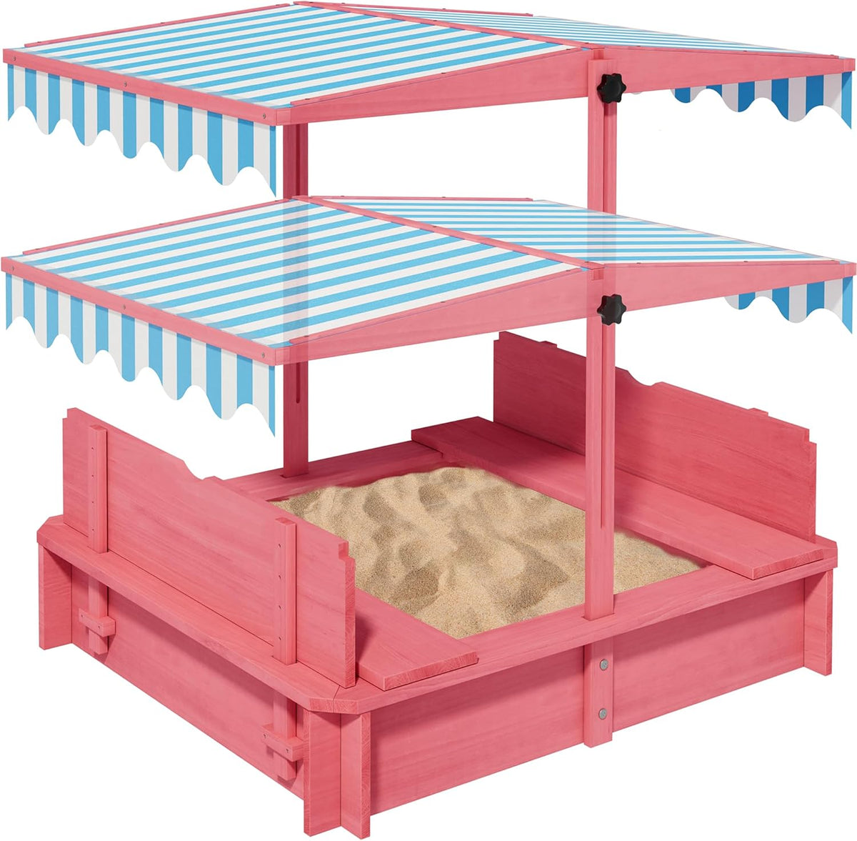 Sandbox with Lid & Cover, Wooden Kids Outdoor Sand Box with Height-Adjustable UV-Resistant Canopy, 2 Foldable Bench Seats & Bottom Liner, 43x43 Inch, Perfect for Backyard, Beach, Garden Play