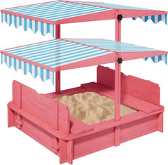 Sandbox with Lid & Cover, Wooden Kids Outdoor Sand Box with Height-Adjustable UV-Resistant Canopy, 2 Foldable Bench Seats & Bottom Liner, 43x43 Inch, Perfect for Backyard, Beach, Garden Play